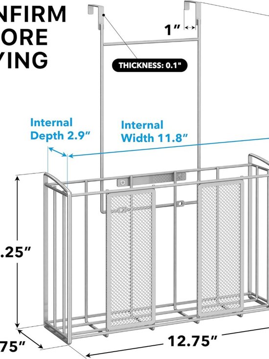 Over Cabinet Door Organizer, 12.5"Wx3.75"Dx18"H, Mesh Silver - Picture 3 of 8